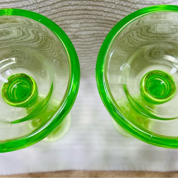 Antique vasoline glass candle stick holders, 8” tall by 4.25” wide at base. - Picture 4 of 5